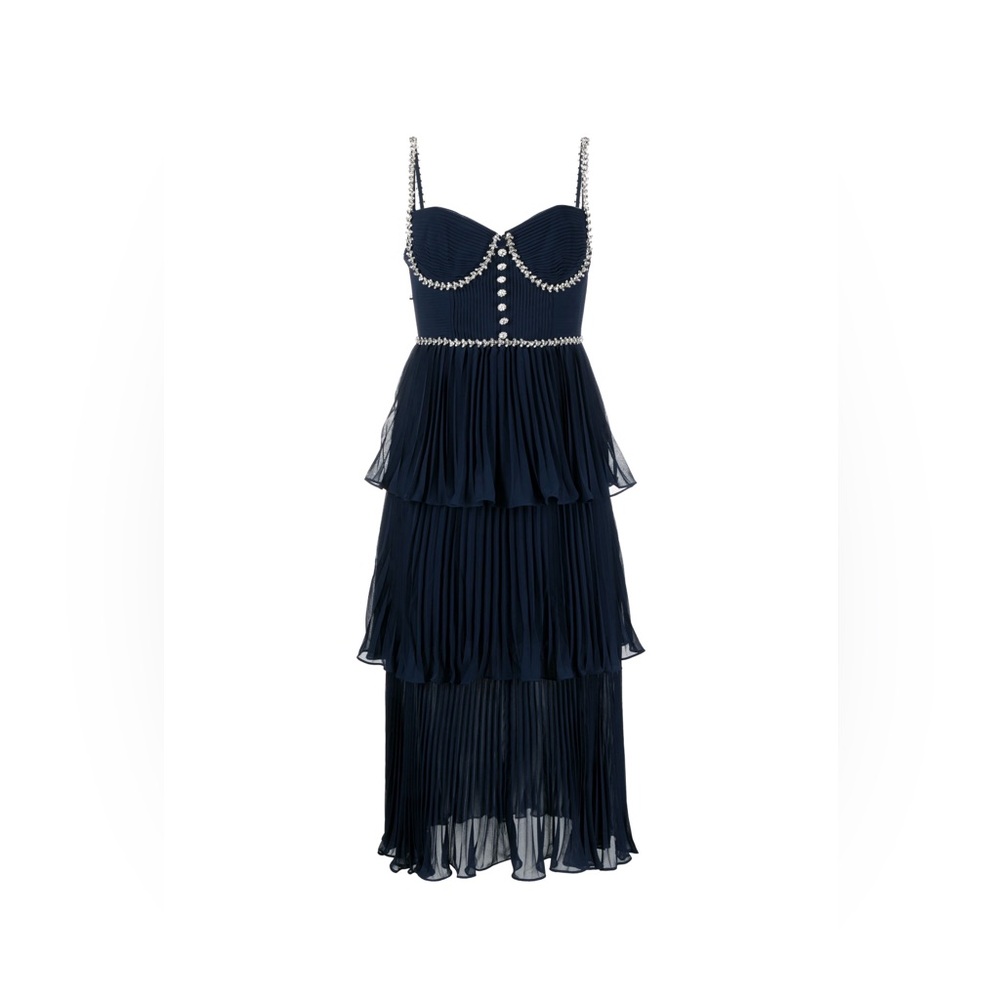 Self-Portrait Embellished Pleated Chiffon Midi Dress  Navy Size 8